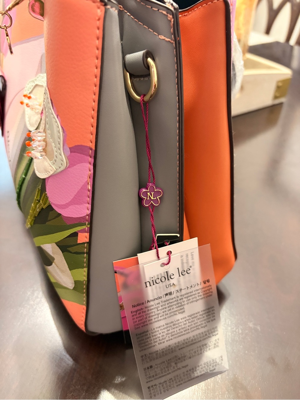 Nicole Lee Pink & Coral Beaded 3D Floral Satchel Handbag + Shoulder Strap- NWT - Picture 9 of 17
